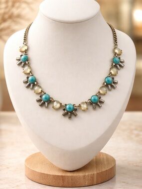 Anne Taylor LOFT Turquoise, Rhinestone and Cream Accent Necklace